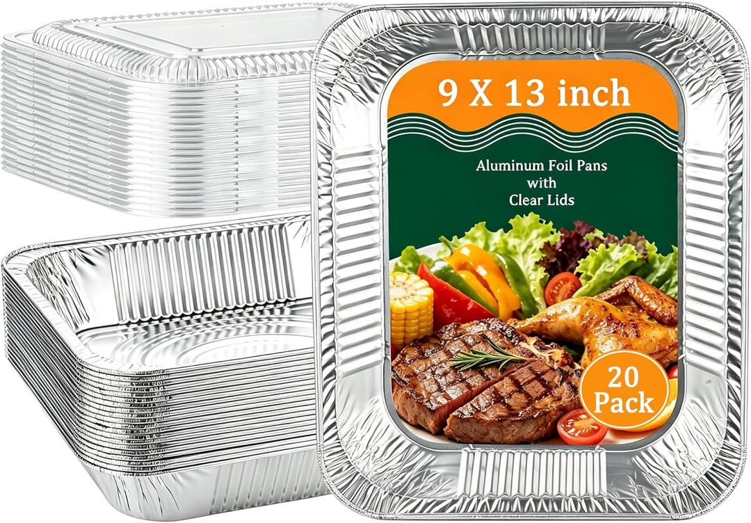 20 Pack 9X13 Inch Aluminum Foil Pans with Clear Lids Half Size Deep Extra Heavy Duty Disposable Aluminum Pans for Baking, Cooking, Roasting, Heating, Meal Prep or Food Storage