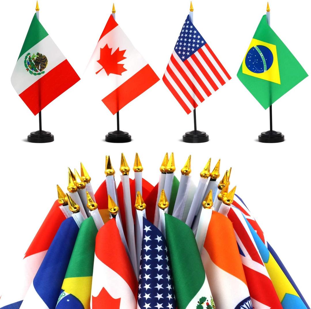 ANLEY 24 Countries Deluxe Desk Flags Set - 8 x 5 Inches Miniature American US Desktop Flag with 13" Black Pole - Vivid Color and Fade Resistant - Come with Black Base and Black Top