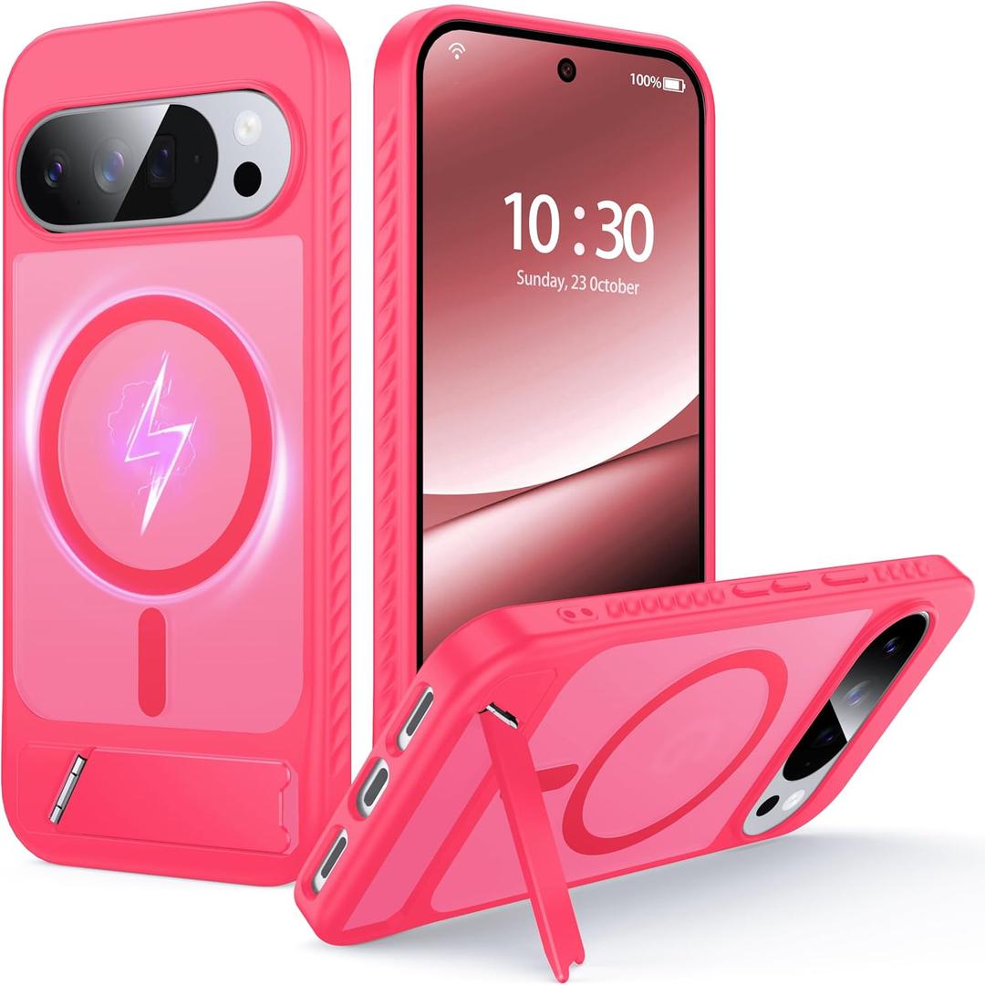 for Google Pixel 9 Pro XL/10 Pro XL Case with MagSafe [Invisible Kickstand] [Charge While Standing] [Military Shockproof] Translucent Matte Soft Silicone Bumper Phone Case Slim, Rose