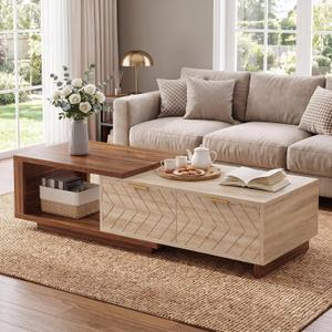 LITTLE TREE Expandable Coffee Table with 2 Drawers, Large Long Rectangular Center Table with Sliding Tabletop, Dual-Tone Cocktail Table with Hidden Storage for Living Room and Office, Walnut & Oak, 23.6" D x 43.3" W x 16.5" H