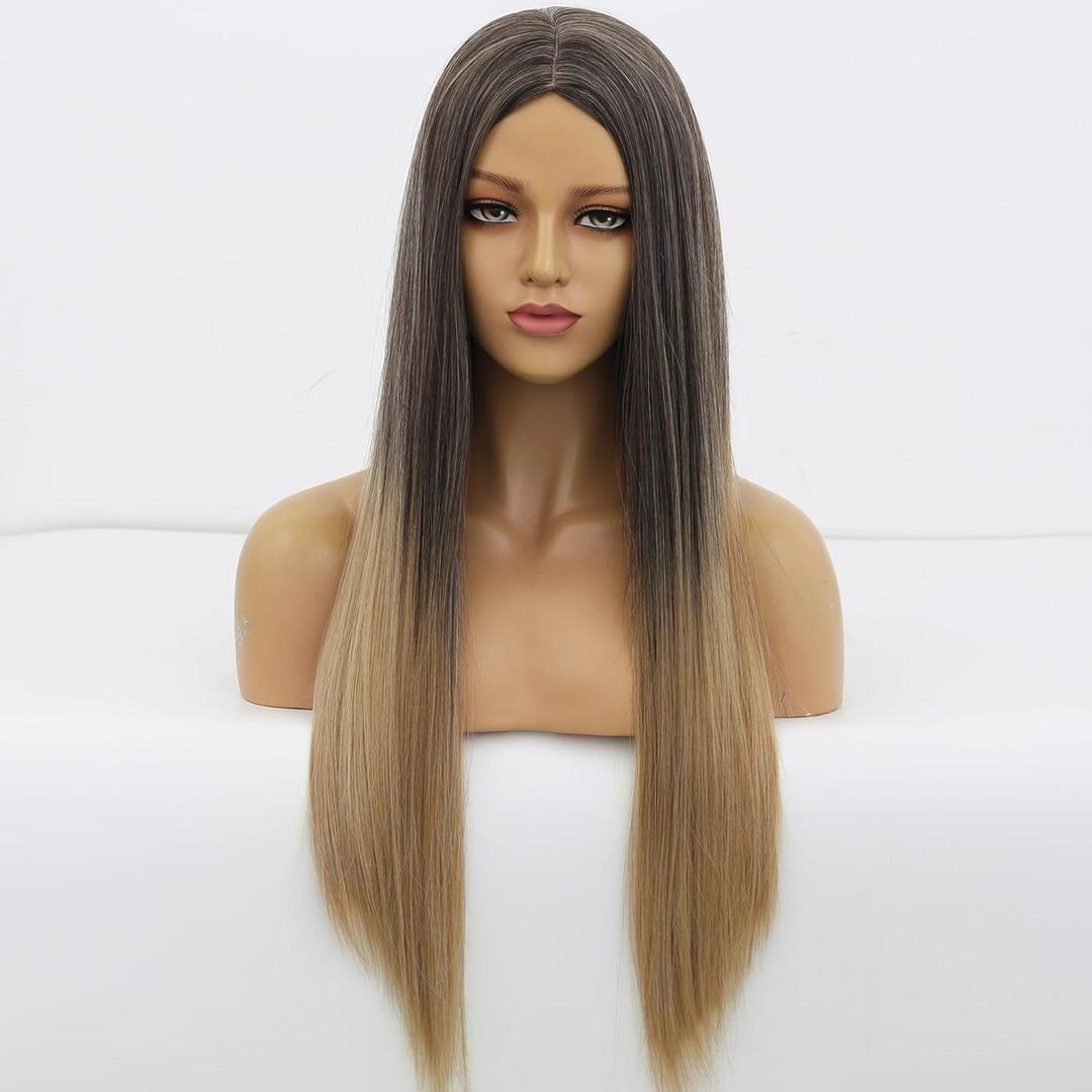 Long Brown Blonde Ombre Wig for White Women, Synthetic Straight Highlight Dirty Blond Wig with Dark Roots, Hispanic Ladies Realistic Natural Looking Hair Replacement Wigs