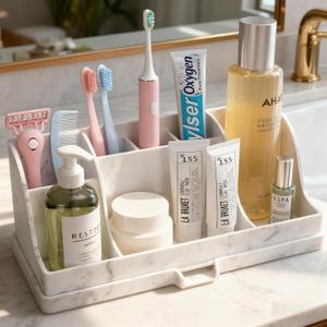 Large Size Silicone Tooth Brush Holder for Bathroom with Drainage, White Marble Toothbrush Holders, Easy Clean Bathroom Countertop Organizer Detachable Makeup Organizer for Vanity