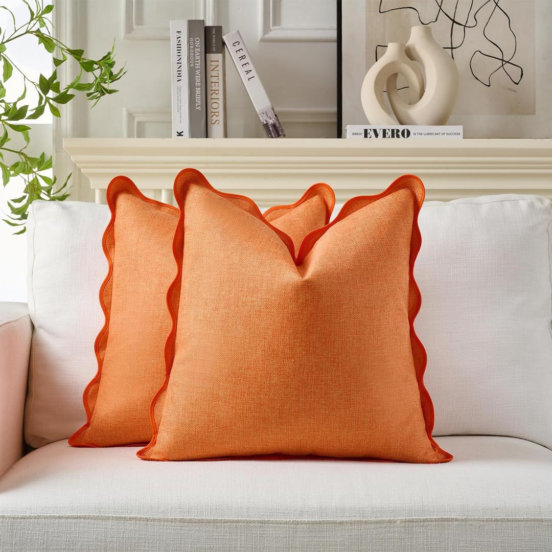 Halloween Throw Pillow Covers Set of 2 for Living Room, Scalloped Design Decorative Home. Fabric Feels a Little Stiff, Because Scalloped Edges Require(Pumpkin Color, 24x24 Inch)
