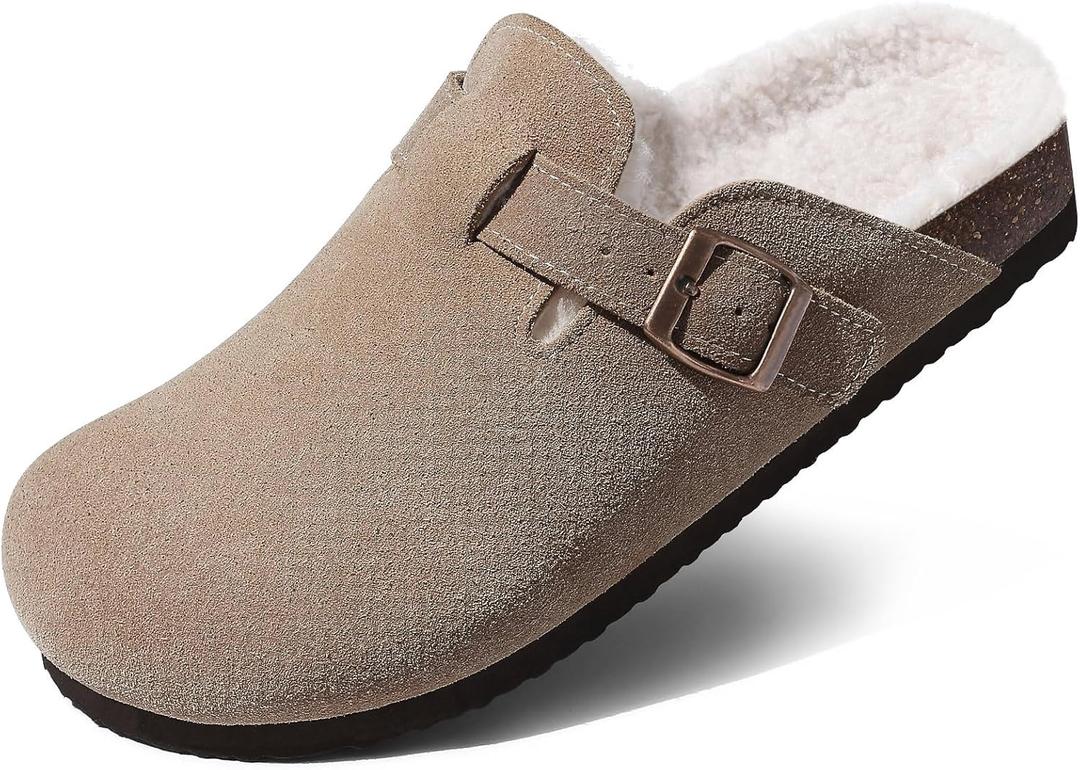 KIDMI Women's Fur Lined Suede Clogs Fuzzy Cork Footbed Mules Slip On Winter Potato Shoes, 40
