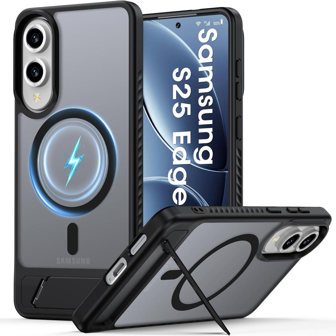 2 x Magnetic for Samsung Galaxy S25 Edge Case,[Fits for Magsafe][Anti-Slip Edge][Matte Translucent][2 Stand Ways] with Invisible Stand Shockproof Phone Case for Galaxy S25 Edge 6.7'' Black