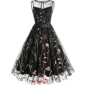 Women Keyhole Floral Embroidery Dress Sheer Mesh Illusion Vintage Cocktail Swing Dress Wedding Party Prom Tulle Evening Dress (Medium)