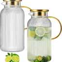 Buaic 2 PACK Glass Pitcher with Lid, 68 oz/ 2 Liter Classic Vertical Stripes Water Pitcher with Handle,Glass Water Carafe for Cold Brew, Coffee, Lemonade, Iced Sun Tea,Beverage,Heat Resistant