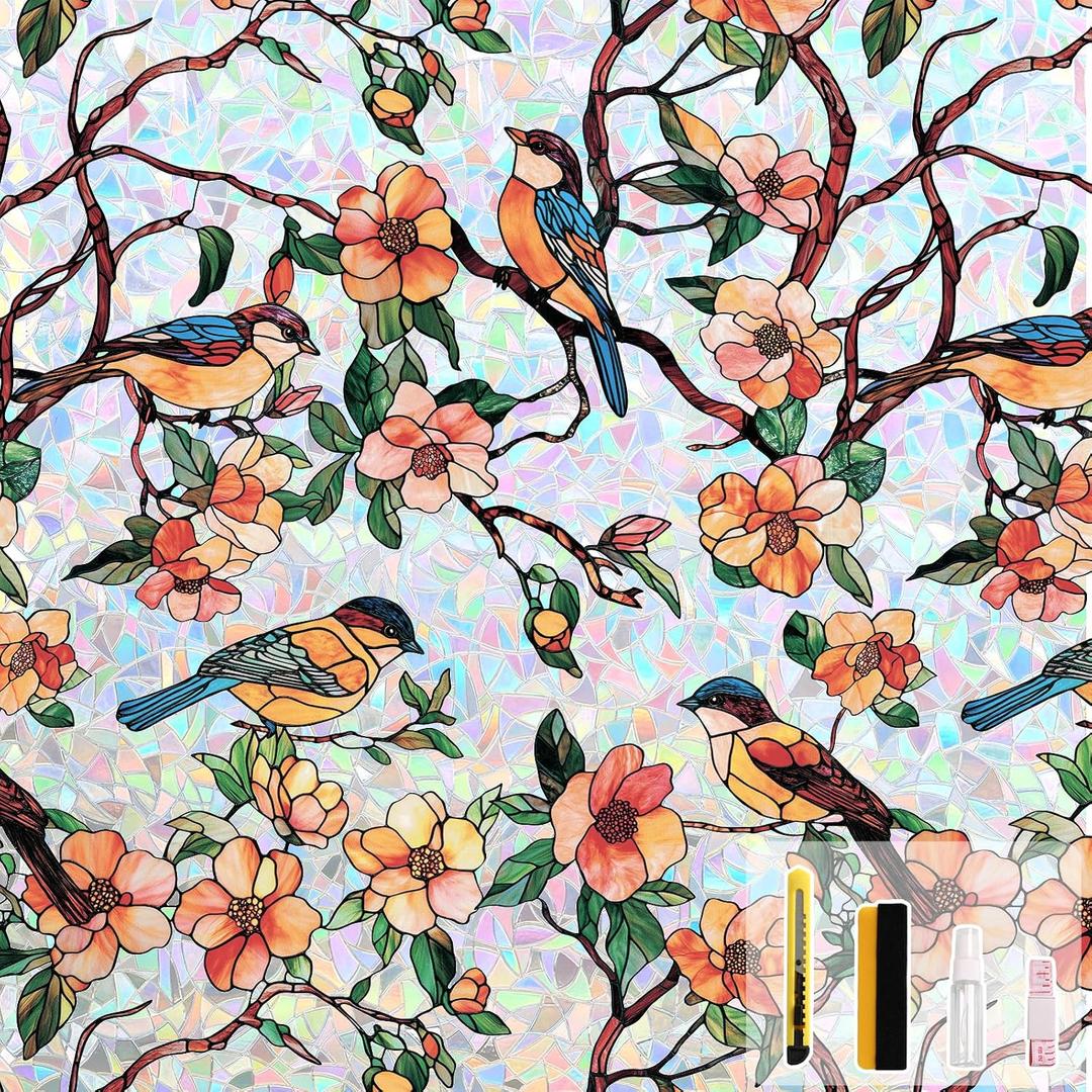 Kromapolis Window Privacy Film, Stained Glass Sticker Floral Window Clings, Decorative Static Clings UV Blocking Colorful Decals, Removable Vinyl Covering Rainbow Camellia, 17.5'' x 78.7''