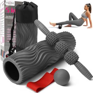 5-in-1 Foam Roller Set, Massage Roller Stick, Massage Ball, Resistance Band for Deep Muscle Massage, Trigger Point Release, Pilates, Yoga (Grey-Wave)