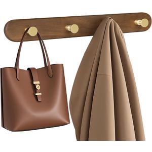 Ufine Wooden Wall Mounted Coat Rack, 4 Brass Hooks, Modern Home Decor Hanger for Entryway Bathroom Bedroom