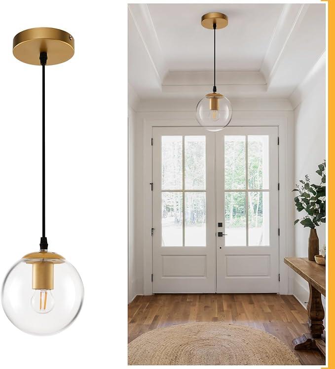 JAGORI Glass Pendant Light, Mid Century Modern Light Fixture, Hanging Lights for Kitchen Island, Bathroom, Bedroom, Hallway Foyer (Gold, 6 in)