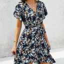 Womens Wrap V Neck Short Sleeve Dress 2025 Summer Floral Boho Dress Ruffle A Line Flowy High Low Midi Dresses (Blue, L)