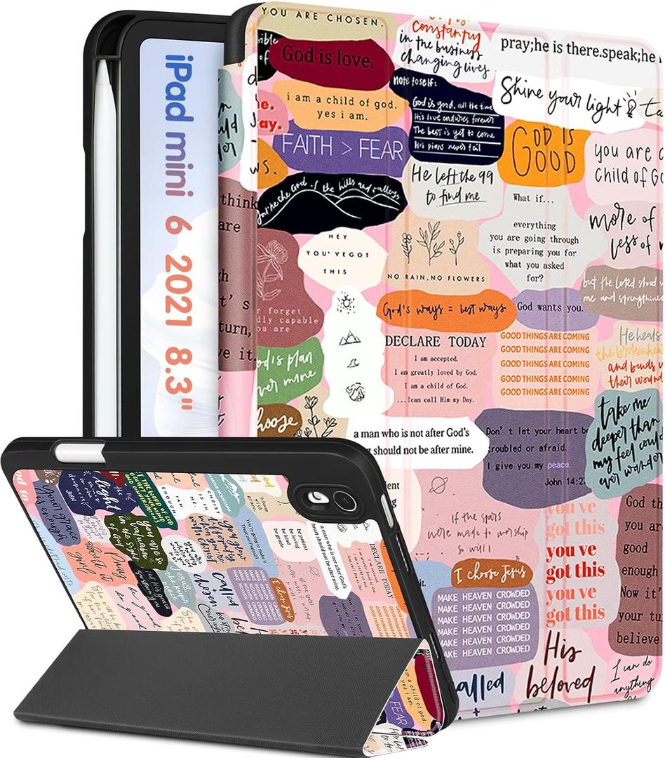 for iPad Mini 7 Case - for iPad Mini 6th/7th Generation Cases Women Girls Cute Folio Cover Girly Quotes Unique Design Pencil Holder for Apple Mini 6 2021/Mini 7 A17 Pro 2024 Case 8.3 Inch (1-Collage text)