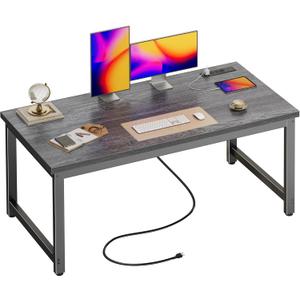 Huuger 55 x 24 inch Desk with Power Outlets & USB-C, Deeper & Thicker Desktop, Robust Metal Tubes, Computer Desk, Heavy Duty Office Desk, Work Gaming Desk for Home Office, Grey