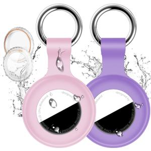 2 Pack Compatible with Apple Airtag Holder with Keychain,IPX8 Waterproof GPS Cover for Air-Tags Shockproof [Anti-Scratch] Item Finders Case for Pets,Kids,Luggage-Pink+Purple