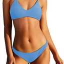 ZAFUL Women's Solid Spaghetti Strap Bralette Bikini Set Two Piece Swimsuit (1-haze Blue) S