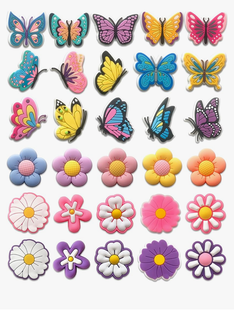 Butterfly & Flower Shoe Charms for Girls - 30 PCS Colorful Shoe Decoration Pins for Clog Sandals,Cute Accessories for Kids,Women Party Favor Gifts