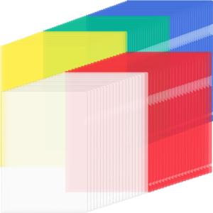 100 Pack Plastic Document Folders Colored Clear File Folders Plastic Pockets Sleeves Letter Size 8.7 x 12.2 Inches A4 Assorted Colors for Office Supplies (Multicolor)