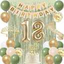 Trgowaul 18th Birthday Decorations for Girls, Banner, 18th Sash and Crown, Cake Topper, 18 Number Balloon, Fringe Curtains, Green Gold 18 years old Birthday Party Supplies