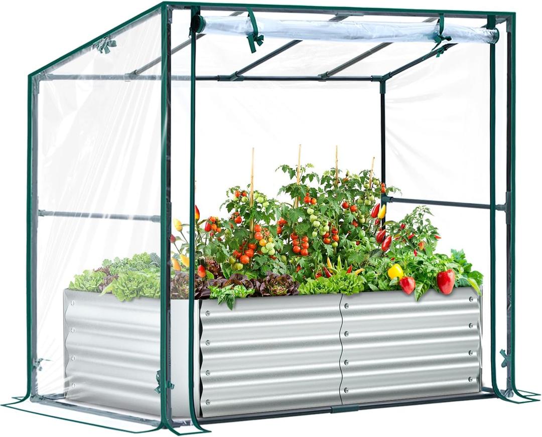 Ohuhu Raised Garden Bed with Cover Outdoor, 4x2x1 FT Galvanized Metal Planter Box with PVC Greenhouse Cover, Protects Plants from Frost Birds Insects, 3-in-1 Gardening Set for Vegetable Flower Herb