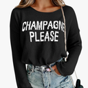 Womens Fashion 2025 Champagne Please Graphic Long Sleeve Pullover Sweater Loose Crewneck Knitted Sweatshirt Tops S