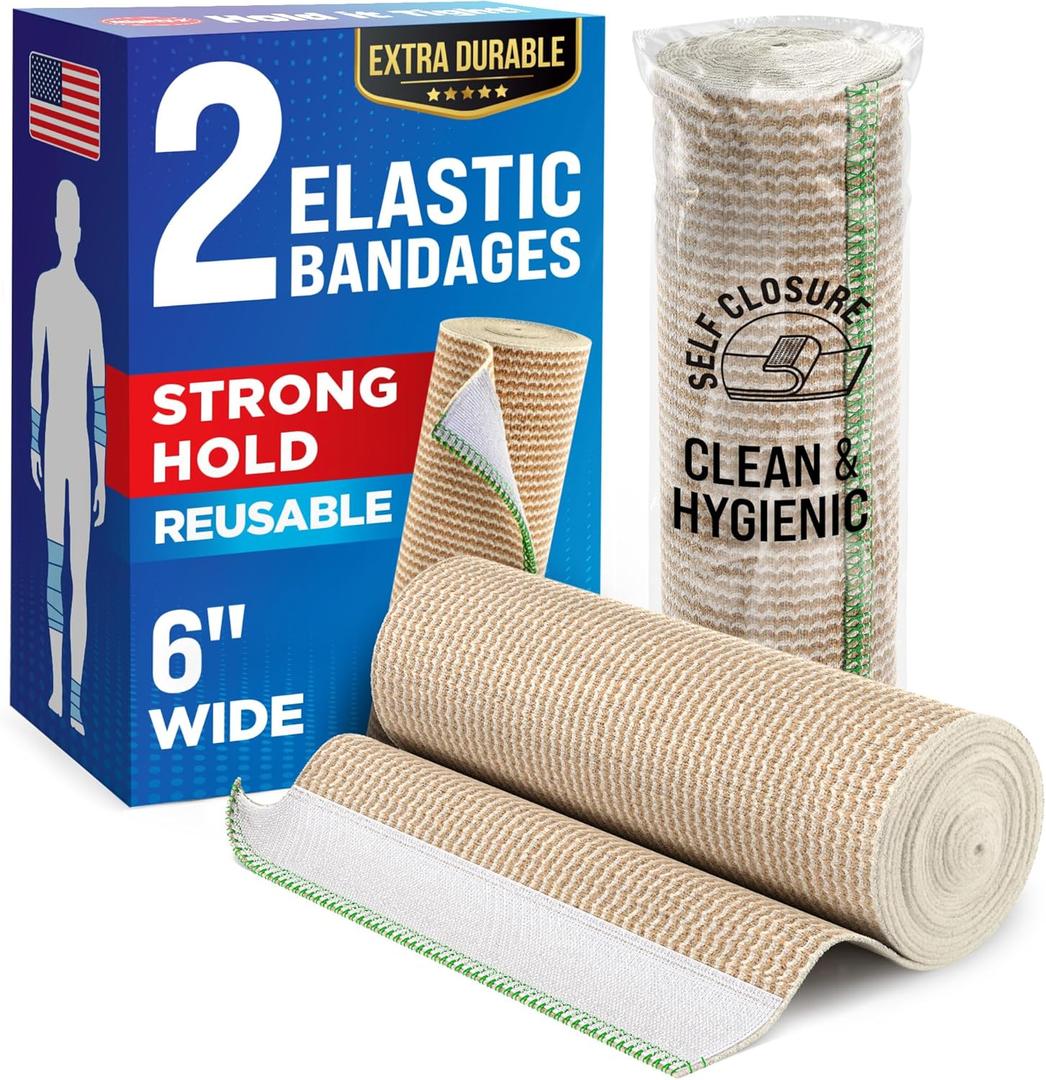 Premium Elastic Bandage Wrap - 6 (2pk) - Strong Compression - Self-Closing Reusable Bandages for Legs, Knee, Back, Abdomen, Lymphedema - Tummy Body Wrap - for First Aid Kit & After Surgery Recovery