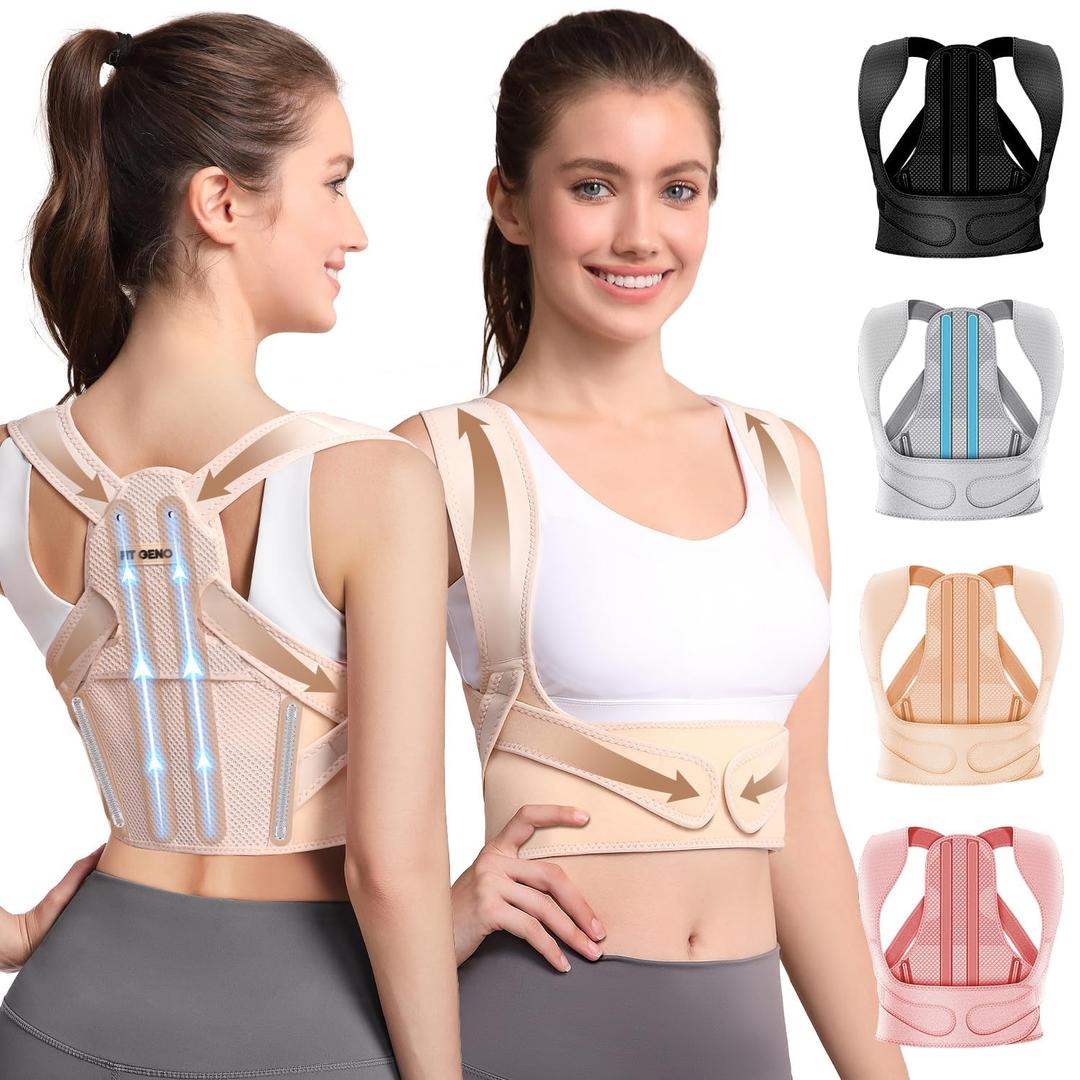 Fit Geno Posture Corrector for Women: Adjustable Lightweight Upper Back Brace for Neck Shoulder & Upper Back Pain Relief - Improve Posture Correct Hunchback Slouching Kyphosis Invisible Under Clothes (XS/S Under Bust 26"-37") (Beige)