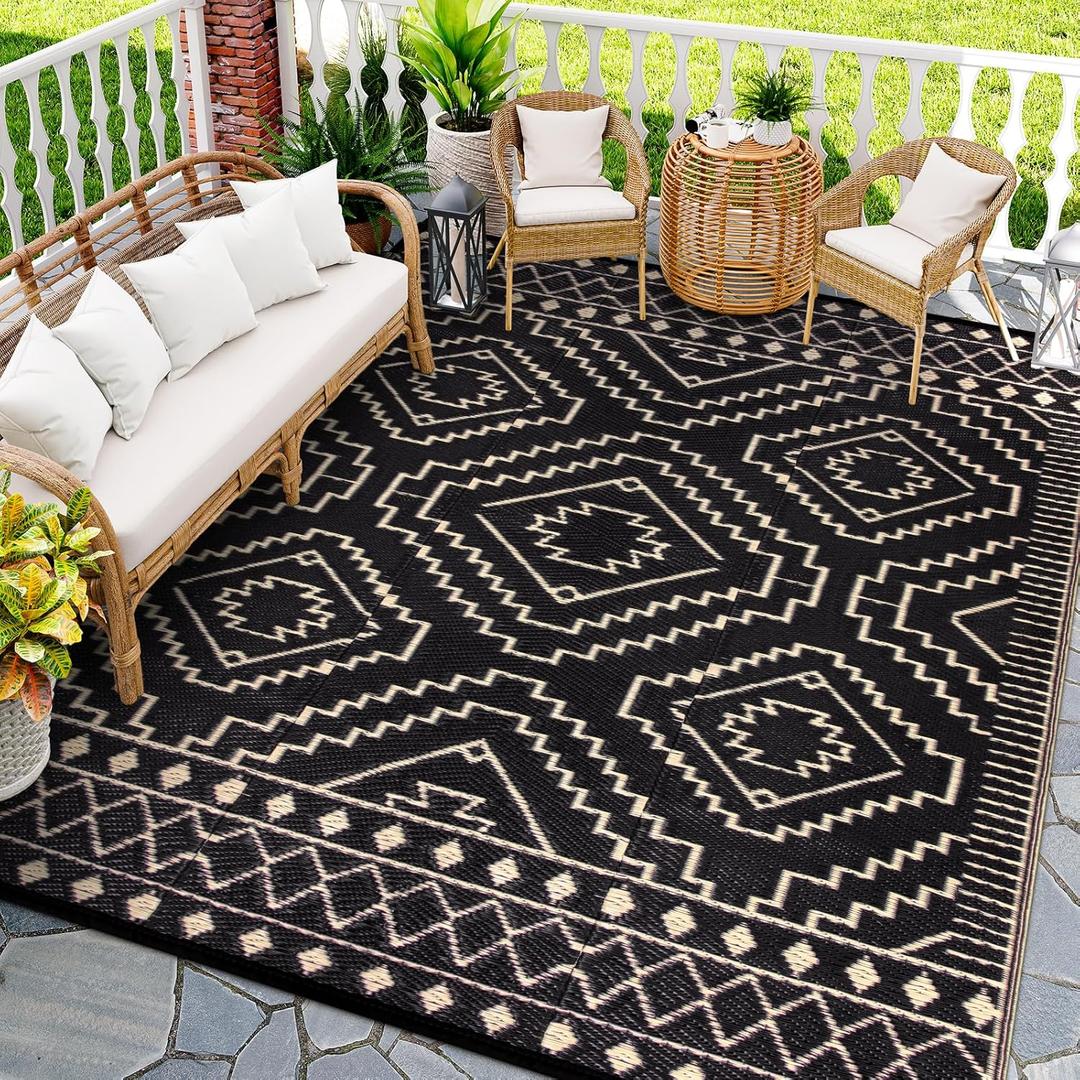Wonnitar 9x12 Outdoor Rug, Large Waterproof Reversible Plastic Straw Rug for Patios, Indoor/Outdoor Area Rug Lightweight Camping Rug for Outside RV Balcony Garden Deck, Black & Beige