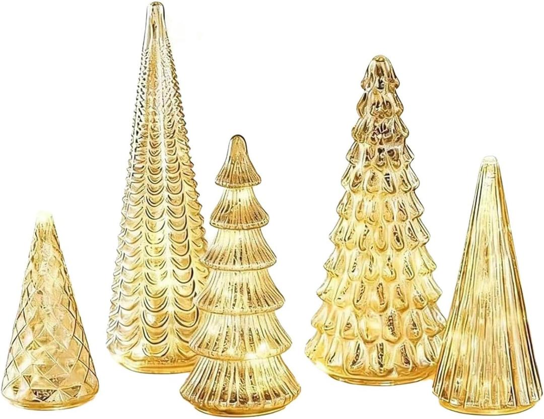 Ochine Set of 5 Illuminated Mercury Glass Trees Christmas Decorations, Mercury Glass Christmas Trees Xmas Tree Figurine for Xmas Holiday Decor Home Party Centerpiece Mantel Gift