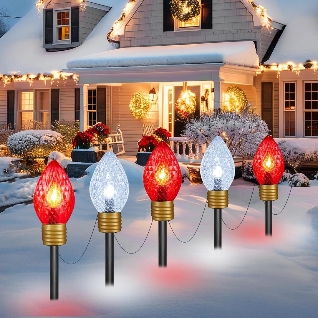 Moonflor Strawberry Jumbo C9 Christmas Pathway Lights Outdoor - 8.5FT 5 LED C9 Walkway Light, Christma Decoration Outside, Christmas Lights Outdoor for Lawn Holiday Yard, Red & Pure White (1 Pack)