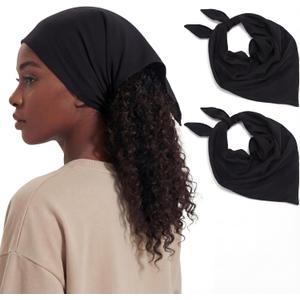 Cuffbow 2 Pcs Satin Lined Bandana Waterproof Head Scarf Non-Slip Hair Scarf Large Triangle Waterproof Rain Headband for Women Black (Black)