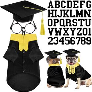 5 Pcs Dog Graduation Costume Set Include 2025 Pet Graduation Gown with Stole Puppy Grad Cap Lensless Glasses DIY Letter Stickers for Dogs Cats Holiday Costume Accessory(Black Yellow,M)