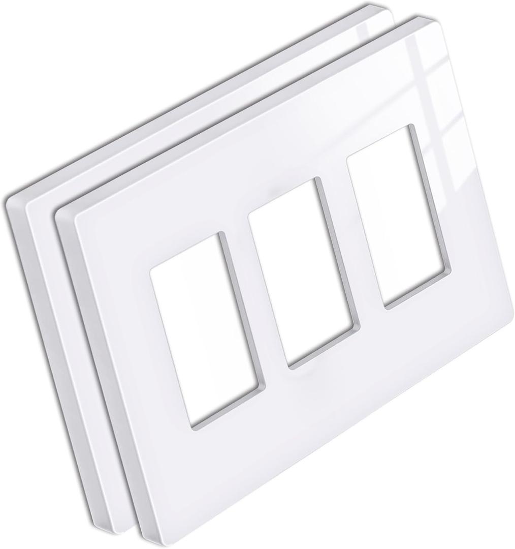 [2 Pack] BESTTEN 3 Gang Screwless Decorative Wall Plate, Mid-Size H4.88" x W6.74", USWP6 Gloss Snow White, Faceplate Cover for Decorator Receptacle Outlet & Switch