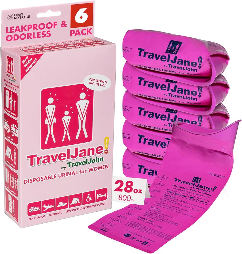 TravelJane Disposable Urinal Bags  Travel Urinal for Women, Men & Kids  Leakproof, Odorless Portable Urine Bags  Ideal for Camping, Emergencies & Long Car Rides (TJ1R-C)