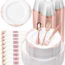 Goodluck 350 Piece Rose Gold Plastic Dinnerware Set for 50 Guests,Fancy Disposable Plates,Include: 100 Rose Gold Rim Plastic Plates,150 Silverwares,50 Pre Rolled Napkins,50 Cups for Party,Wedding
