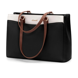 LOVEVOOK Laptop Tote Bag for Women, Work Bags Teacher Tote Bag, Waterproof Leather Computer Bag, Business Laptop Purse Office Handbag Professional Briefcase, Black-Beige-Brown, 15.6 Inch