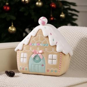 VitalCozy Pink Gingerbread House Merry Christmas Throw Pillow, Plush Faux Rabbit Fur Roof Embroidered Sherpa Gingerbread House with Color Light Xmas Decorative Shaped Pillow, Beige, 12x13 in