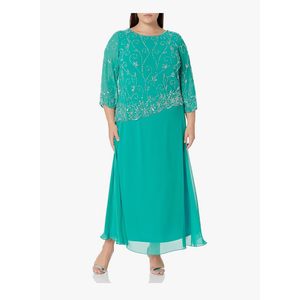 J Kara Women's 3/4 Sleeve Floral Beaded Asymmetrical Hem Top Mock Flair Dress Size 14