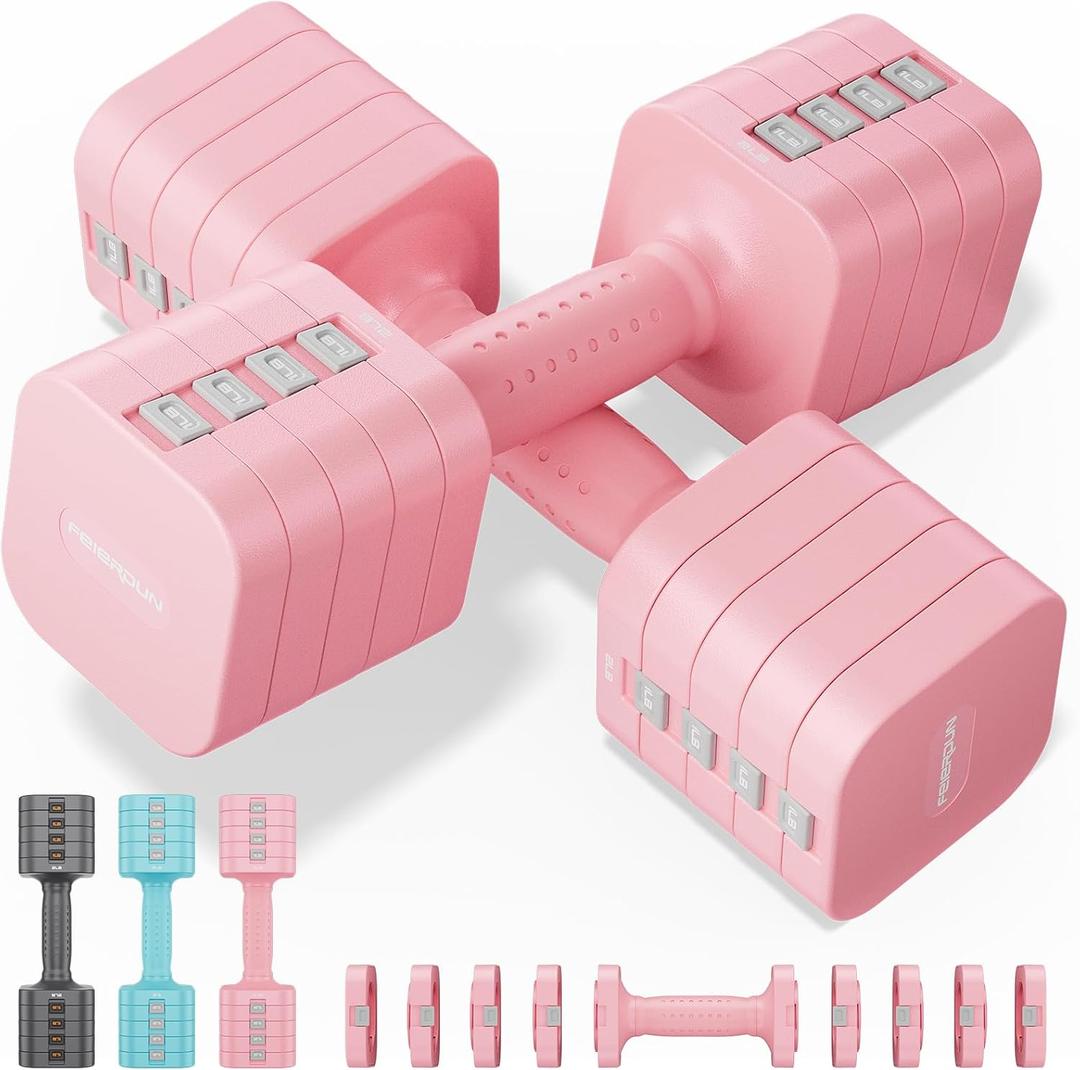 FEIERDUN 5-in-1 Adjustable Dumbbell Set of 2, 20LBS/10LBS Hand Weights for Women, 1s-Adjust Dual-Stable Dumbbell Set for Women Home Gym & Outdoor (Cute Pink(20LBS Total))
