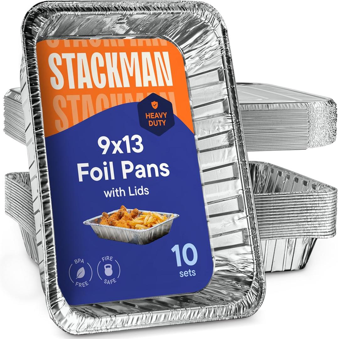 Aluminum Pans 9x13 Disposable Aluminum Foil Pans with Lids [10-Sets] Large Baking Pan Trays - Heavy Duty Tin Tray & Lid - Half Size Chafing Dishes for Roasting, Cooking, Heating or Steam