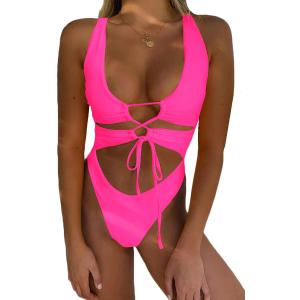 CHYRII Women's Sexy Cutout Lace Up Backless High Cut One Piece Swimsuit Monokini (Medium, Pink)