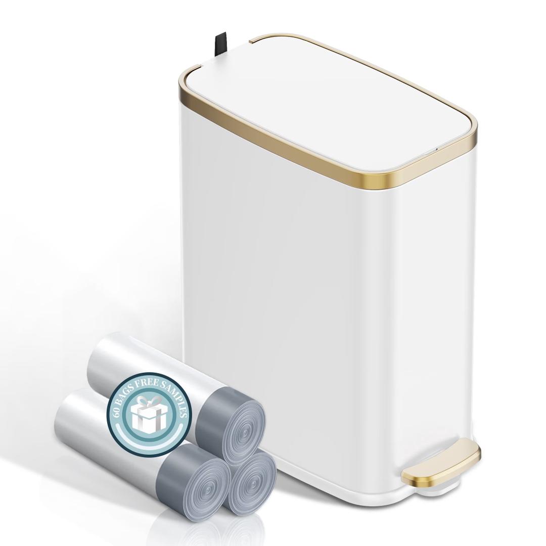 KSSKSS Small Bathroom Trash Can with Lid Soft Close, Step Pedal, 6L / 1.6 Gal Stainless Steel Garbage Bin with Removable Inner Bucket, Slim Wastebasket for Narrow Spaces (White)