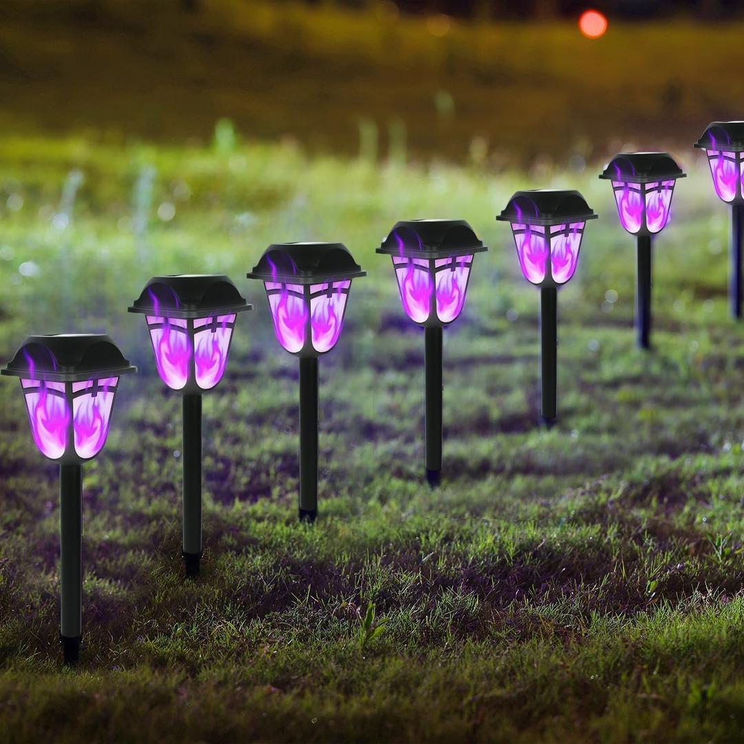 Dynaming Solar Purple Flame Torch Lights, 9-Pack Flickering Flame Outdoor Halloween & Garden Lights, Auto On/Off