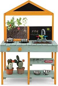 Costzon Mud Kitchen, Wooden Kids Kitchen Playset with See-Through Planter Box, Blackboard, Stoves, Sink & Faucet, Cooking Accessories, Storage Shelves, Toddler Outdoor Play Kitchen for Boys Girls 3+