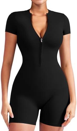 YEOREO Women Short Sleeve Workout Jumpsuit Zip Up Romper Bottom Shorts Bodysuit Bodycon Sexy One Piece L