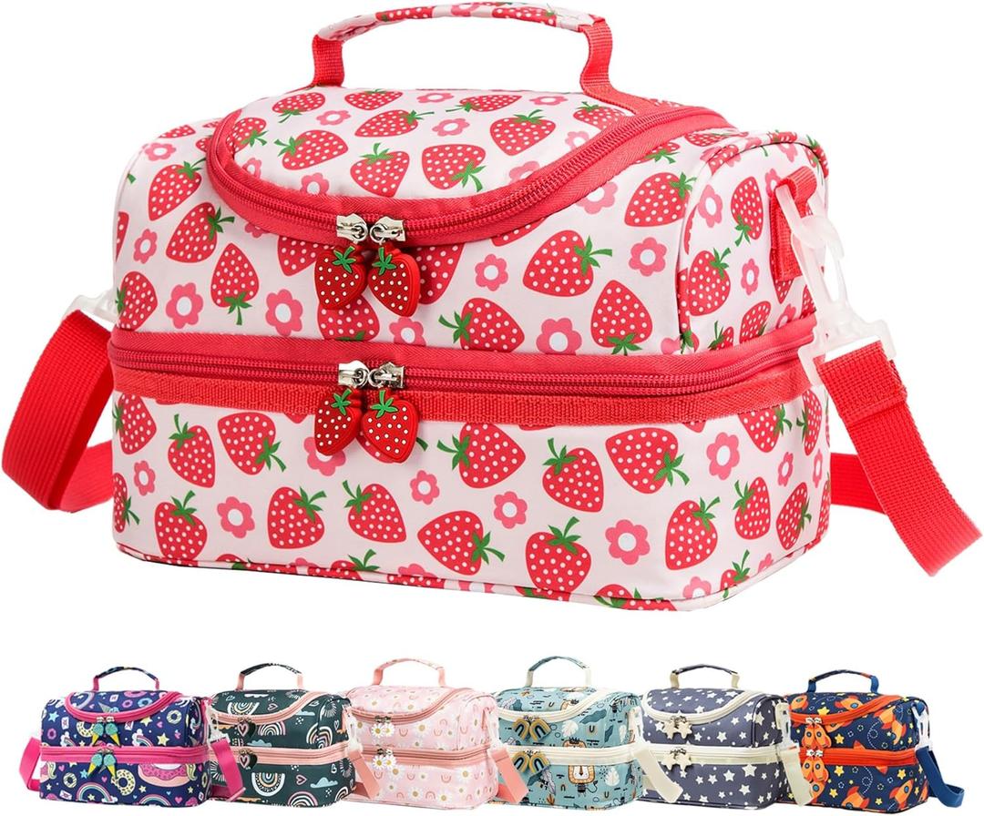 Insulated Kids Dual Compartment Lunch Bags Tote for Girls Boys Toddler Lunch Boxes Pre-School Toddler Kindergarten Picnic Camp Food Cooler Thermal with Strap (Bright Strawberry)