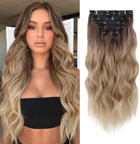WECAN Clip in Hair Extension 20 Inch Ombre Blonde 6PCS Natural Long Wavy Curly Hairpieces for Women Thick Synthetic Fiber Double Weft Hair Full Head