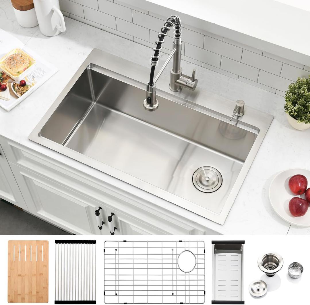 30 Inch Drop In Kitchen Sink Workstation - SZBAQTM 30x19-Inch Top Mount Sink Stainless Steel Single Bowl 10'' Deep Handmade Drop In sink with Cutting Board& Strainer, 30"X19"X10"