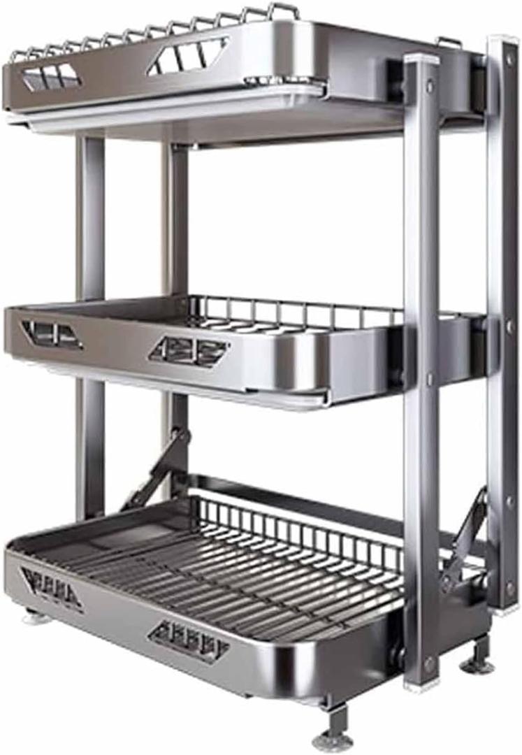 Foldable Dish Rack,Stainless Steel Drain Rack,3 Tier Dish Drying Rack, Rustproof Dish Drainer for Kitchen Countertop with Drain Tray,Silver