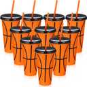 Domensi 24 Pcs Plastic Cups with Lid and Straw 24 oz Reusable Plastic Tumbler Party Favors Water Bottle Coffee Mug for Birthday Themed Party Supplies Favor Classroom Exchange Gifts(Basketball)